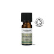 A small amber glass bottle of Tisserand Juniper Berry organic pure essential oil with a sage green and white label and a black cap.