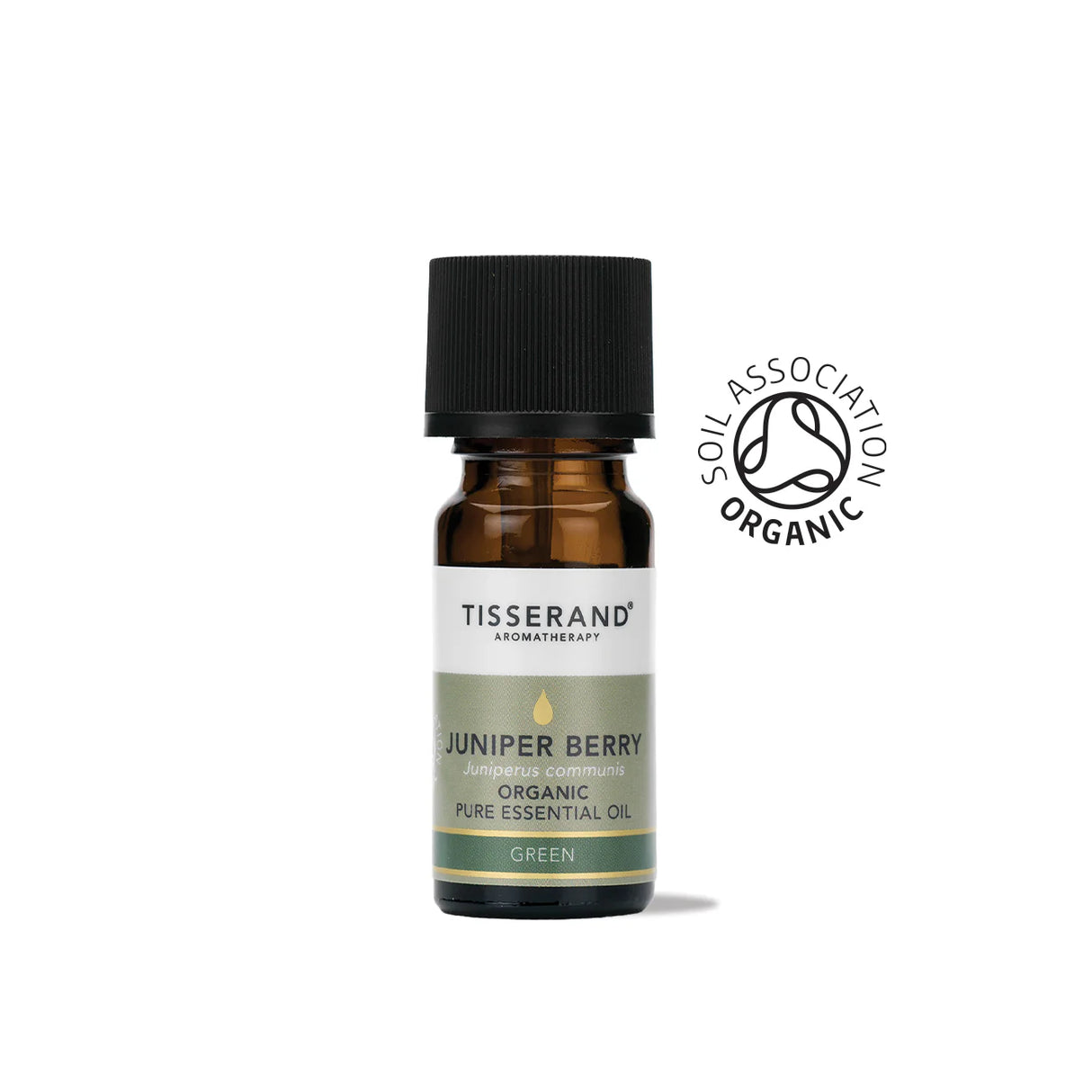 A small amber glass bottle of Tisserand Juniper Berry organic pure essential oil with a sage green and white label and a black cap.