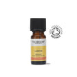 A small amber glass bottle of Tisserand Lemon organic pure essential oil with a yellow and white label and a black cap.