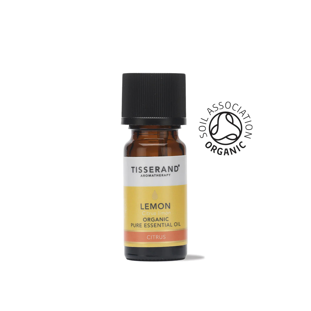 A small amber glass bottle of Tisserand Lemon organic pure essential oil with a yellow and white label and a black cap.