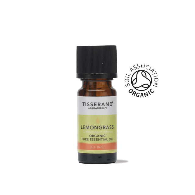 A small amber glass bottle of Tisserand Lemongrass organic pure essential oil with a yellow and white label and a black cap.