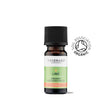 A small amber glass bottle of Tisserand Lime organic pure essential oil with a bright green and white label and a black cap.
