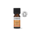A small amber glass bottle of Tisserand Orange organic pure essential oil with an orange and white label and a black cap.