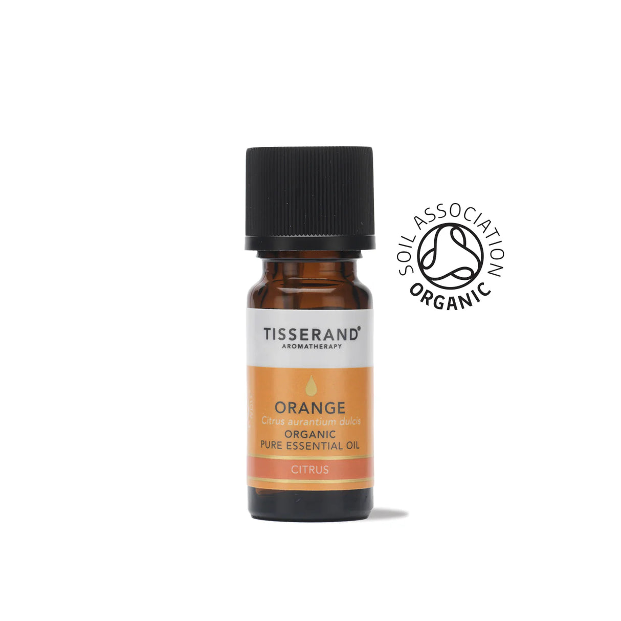 A small amber glass bottle of Tisserand Orange organic pure essential oil with an orange and white label and a black cap.