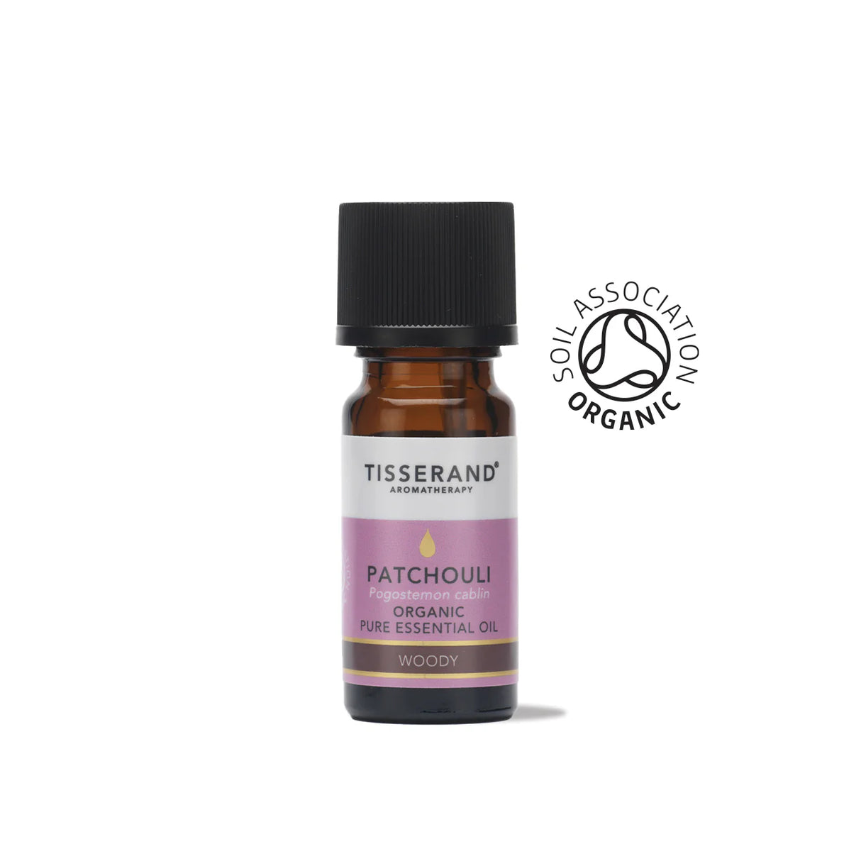 A small amber glass bottle of Tisserand Patchouli organic pure essential oil with a purple and white label and a black cap.