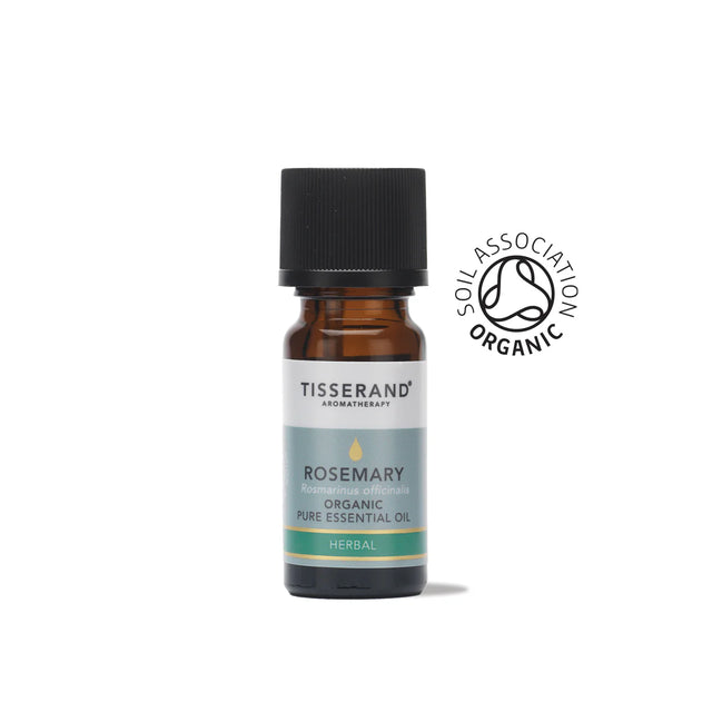 A small amber glass bottle of Tisserand Rosemary organic pure essential oil with a greyish-blue and white label and a black cap.