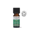 A small amber glass bottle of Tisserand Tea Tree organic pure essential oil with a green and white label and a black cap.