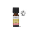 A small amber glass bottle of Tisserand Ylang Ylang organic pure essential oil with a yellow, pink, and white label and a black cap.