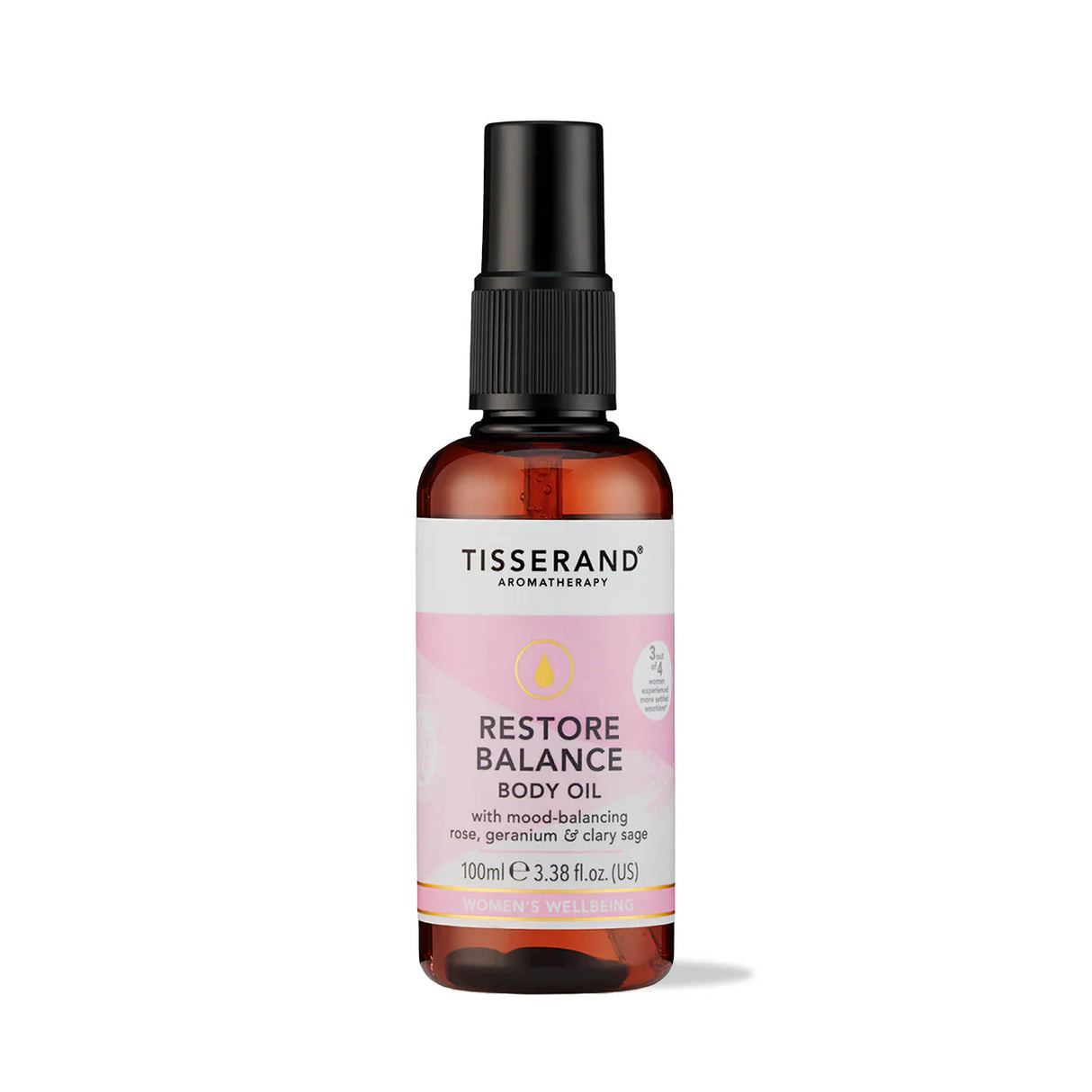 100ml amber spray bottle of Tisserand Restore Balance body oil with a pink and white label.