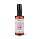 100ml amber spray bottle of Tisserand Restore Balance body oil with a pink and white label.