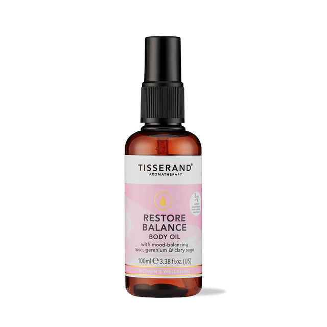 100ml amber spray bottle of Tisserand Restore Balance body oil with a pink and white label.