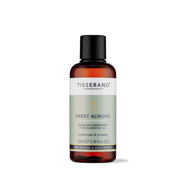 100ml amber glass bottle of Tisserand Sweet Almond oil with a sage green and white label and a black screw cap.