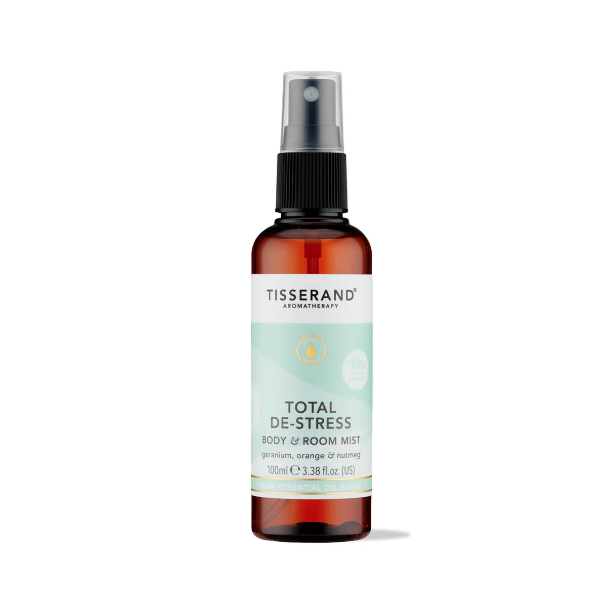 100ml amber spray bottle of Tisserand Total De-Stress mist with a light teal and white label.