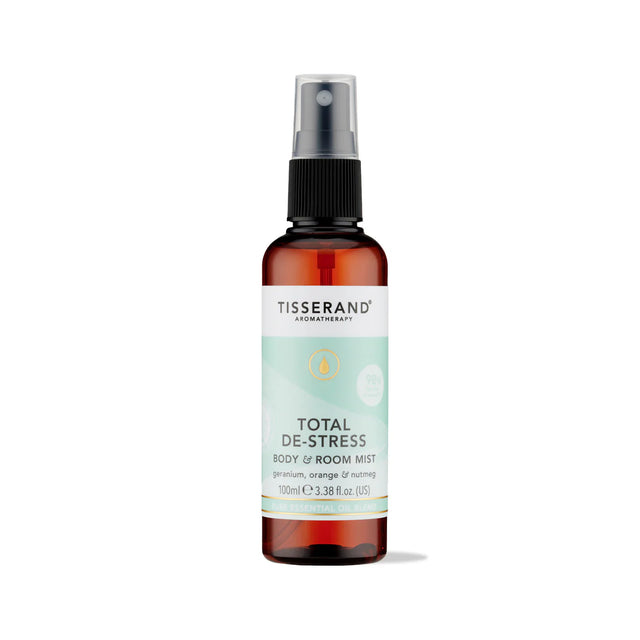 100ml amber spray bottle of Tisserand Total De-Stress mist with a light teal and white label.