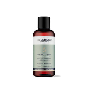 100ml amber glass bottle of Tisserand Wheatgerm oil with a sage green and white label and a black screw cap.