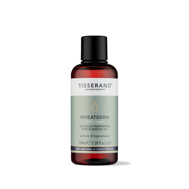 100ml amber glass bottle of Tisserand Wheatgerm oil with a sage green and white label and a black screw cap.