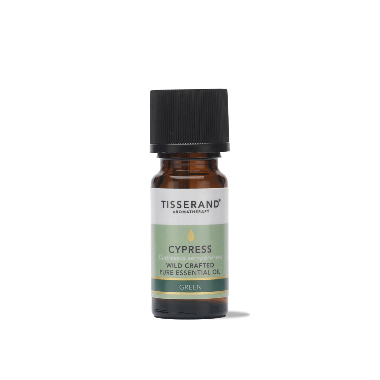A small amber glass bottle of Tisserand Cypress wild crafted pure essential oil with a pale green and white label and a black cap.