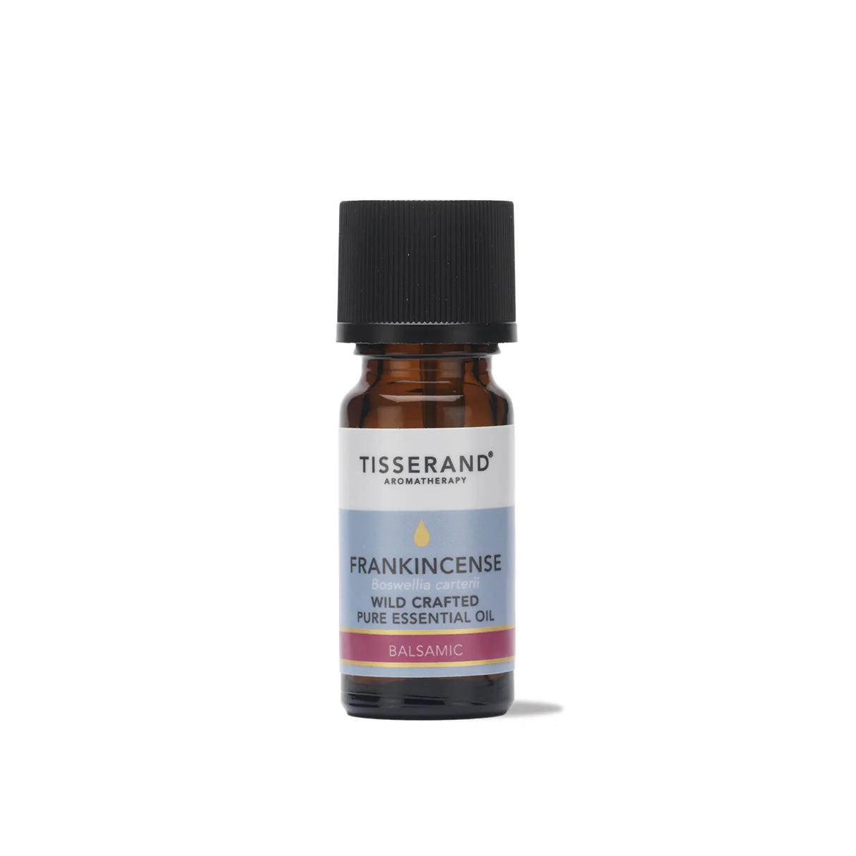 A small amber glass bottle of Tisserand Frankincense wild crafted pure essential oil with a light blue and white label and a black cap.