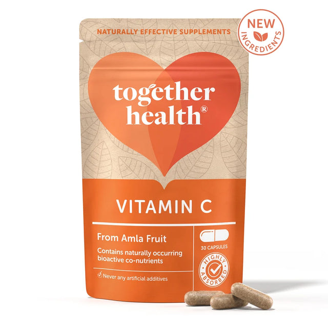 A stand-up pouch of Together Health Vitamin C supplement from Amla Fruit, shown on a white background with three capsules in front and a 'New Ingredients' badge in the top right.
