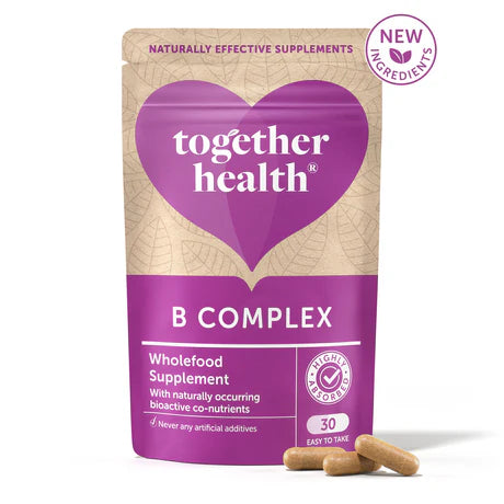 Together Health B Complex wholefood supplement pouch with three loose capsules.