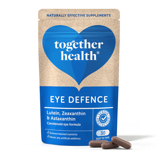 A pouch of Together Health Eye Defence carotenoid eye formula with lutein, zeaxanthin, and astaxanthin.