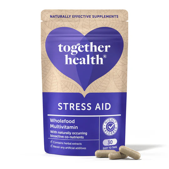 A pouch of Together Health Stress Aid wholefood multivitamin with bioactive co-nutrients.
