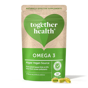 A pouch of Together Health Omega 3 algae vegan source softgels with DHA and EPA.
