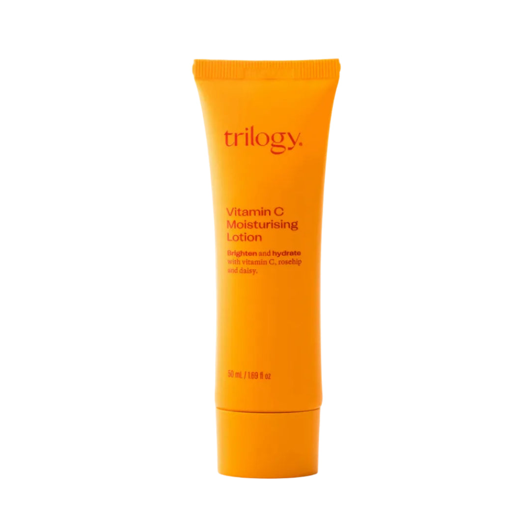 Trilogy Vitamin C Moisturising Lotion, 50ml tube, formulated to brighten and hydrate with vitamin C, rosehip, and daisy.