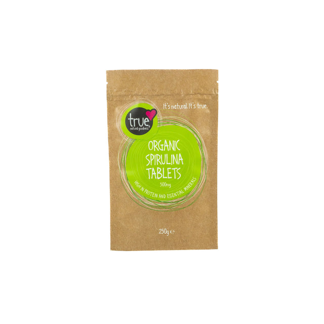 True NAtural Goodness porganic spirulin tablets in a pouch 500mg per tablet, 250g weight in total