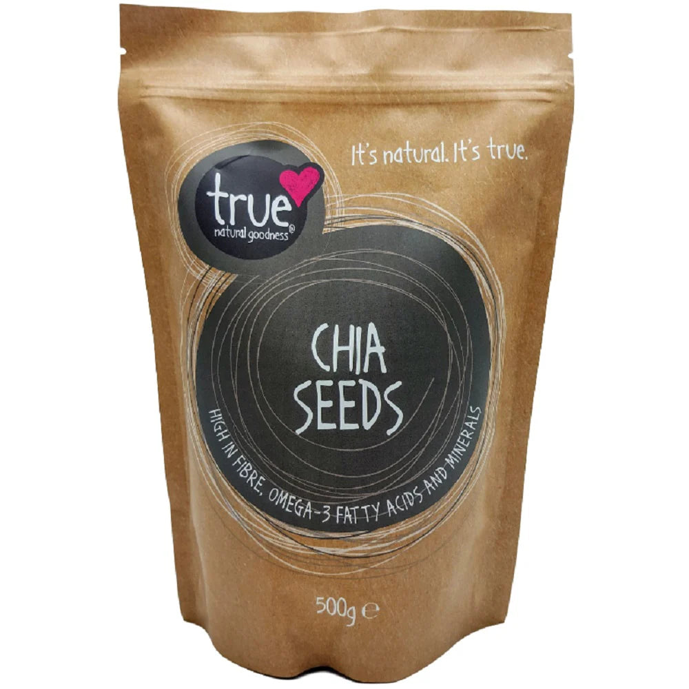 True Natural Goodness chia seeds, 500g, high in fibre, omega-3 fatty acids, and minerals.