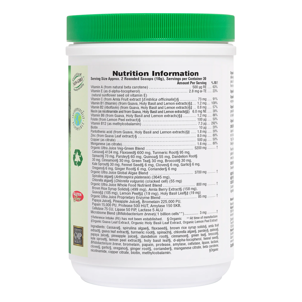 NaturesPlus GI Nutra PRO BIO MEGA probiotic supplement bottle featuring 35 strains and 120 billion live CFU in a white container with green branding.