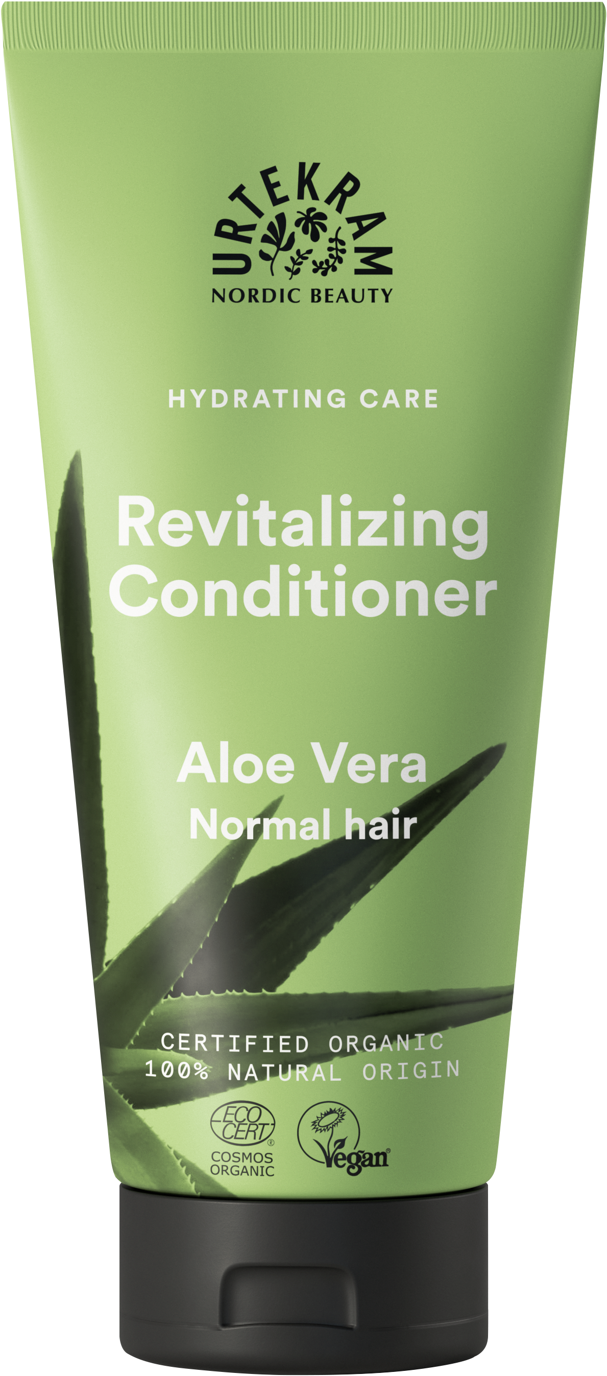 A green tube of Urtekram Aloe Vera Revitalizing Conditioner for normal hair, featuring an aloe leaf illustration and organic and vegan logos.