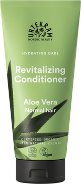 A green tube of Urtekram Aloe Vera Revitalizing Conditioner for normal hair, featuring an aloe leaf illustration and organic and vegan logos.