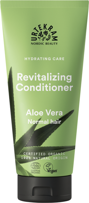 A green tube of Urtekram Aloe Vera Revitalizing Conditioner for normal hair, featuring an aloe leaf illustration and organic and vegan logos.