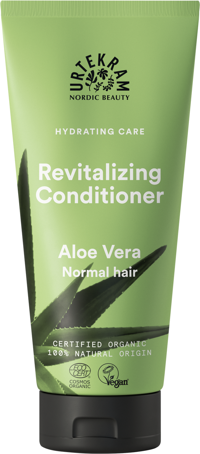 A green tube of Urtekram Aloe Vera Revitalizing Conditioner for normal hair, featuring an aloe leaf illustration and organic and vegan logos.