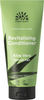 A green tube of Urtekram Aloe Vera Revitalizing Conditioner for normal hair, featuring an aloe leaf illustration and organic and vegan logos.