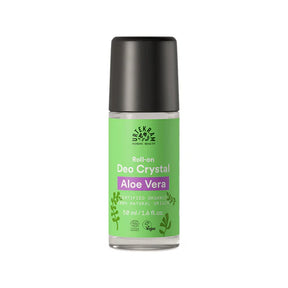 50ml glass roll-on deodorant with a green label, featuring "Aloe Vera" in a purple banner and organic certifications.