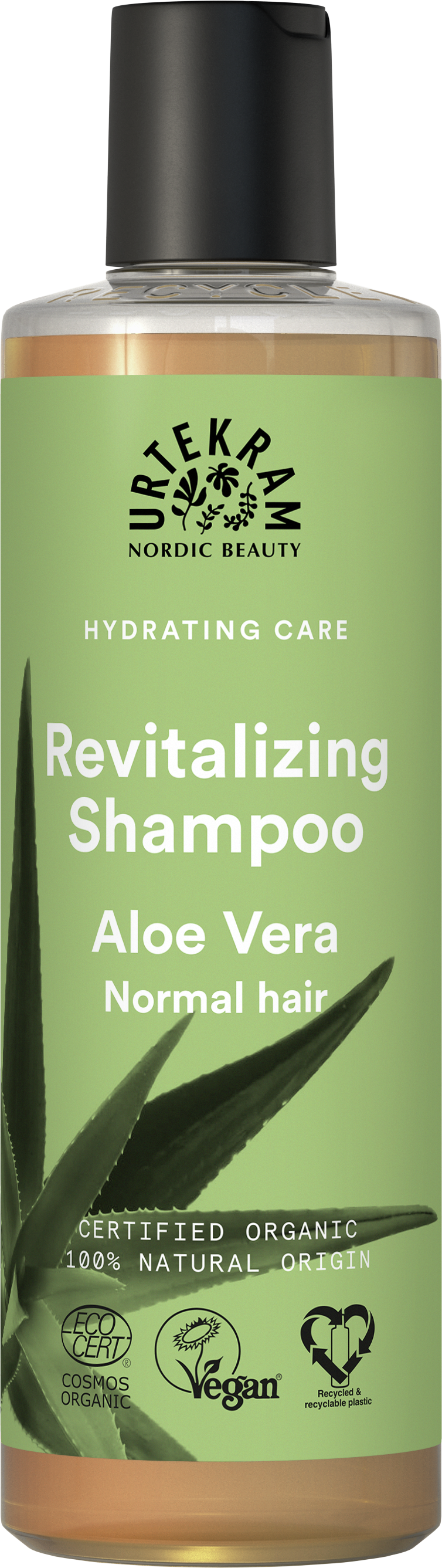 A bottle of Urtekram Aloe Vera Revitalizing Shampoo for normal hair, with a light green label featuring an aloe leaf and organic/vegan logos.