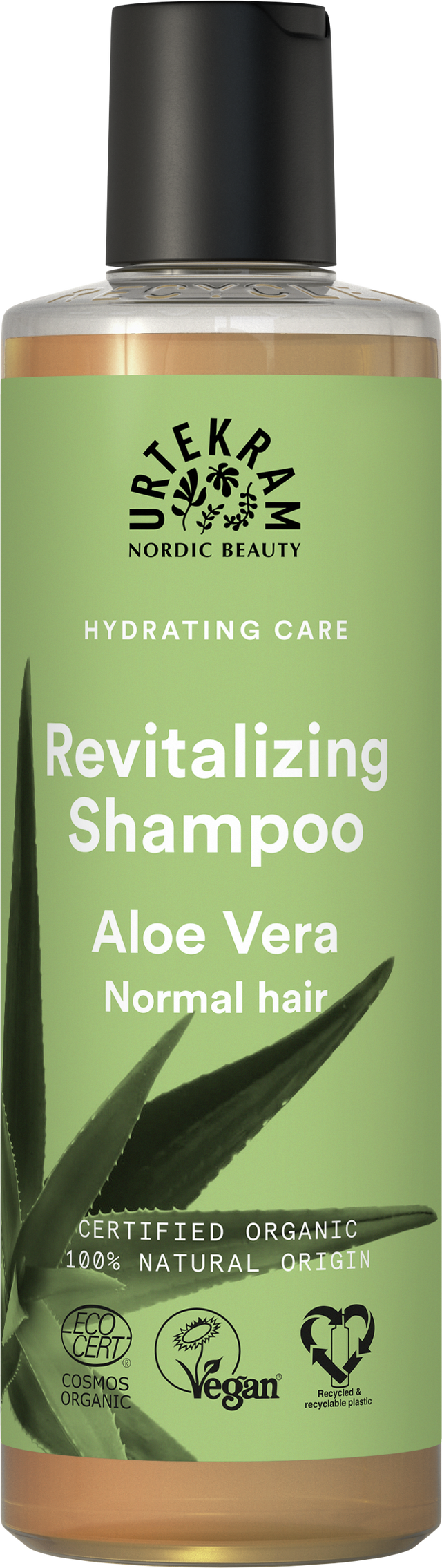 A bottle of Urtekram Aloe Vera Revitalizing Shampoo for normal hair, with a light green label featuring an aloe leaf and organic/vegan logos.
