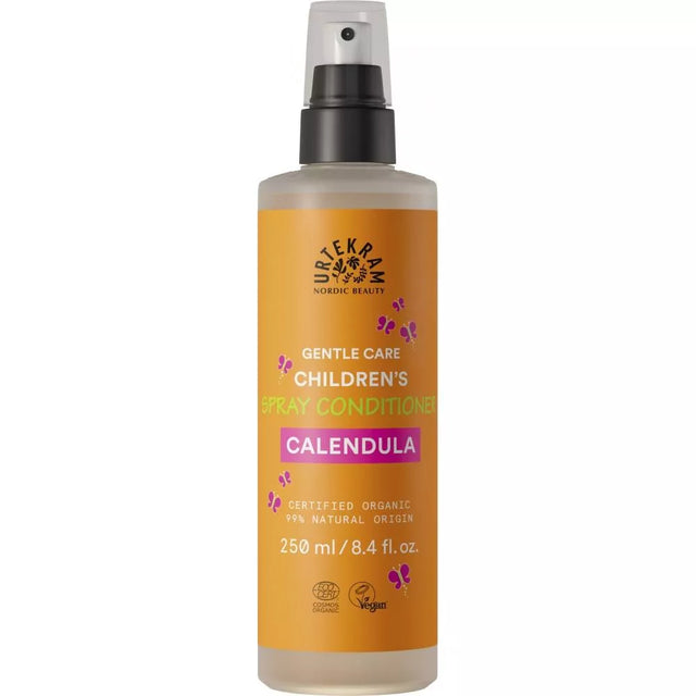 250ml orange spray bottle of Urtekram Children's Conditioner with purple butterflies and organic logos.