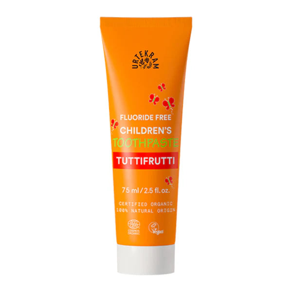 75ml orange tube of Urtekram Fluoride Free Children's Toothpaste with red butterflies and organic logos.