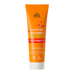 75ml orange tube of Urtekram Fluoride Free Children's Toothpaste with red butterflies and organic logos.
