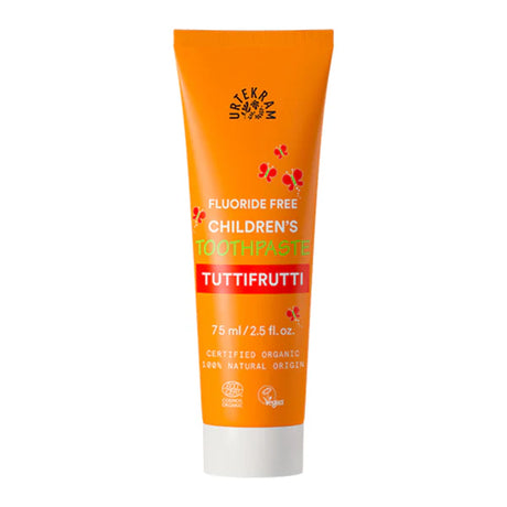 75ml orange tube of Urtekram Fluoride Free Children's Toothpaste with red butterflies and organic logos.