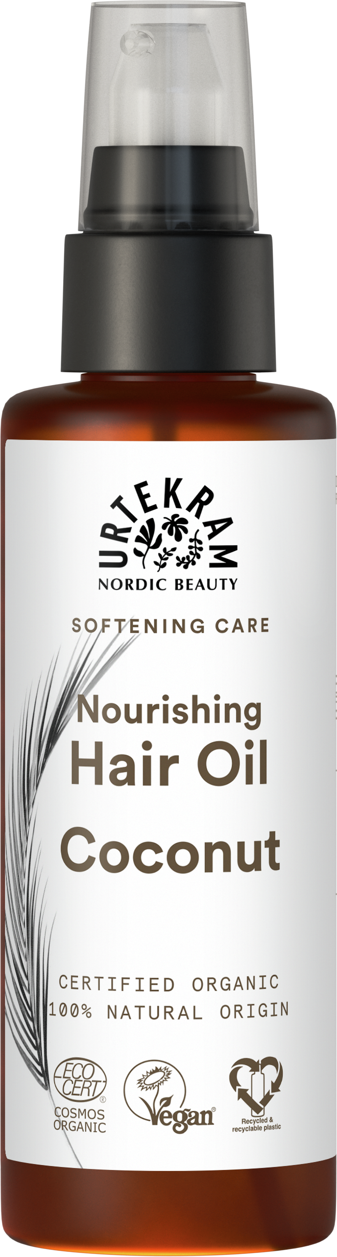 Amber pump bottle of Urtekram Coconut Hair Oil with a white label, feather illustration, and organic and vegan logos.