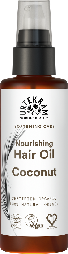 Amber pump bottle of Urtekram Coconut Hair Oil with a white label, feather illustration, and organic and vegan logos.