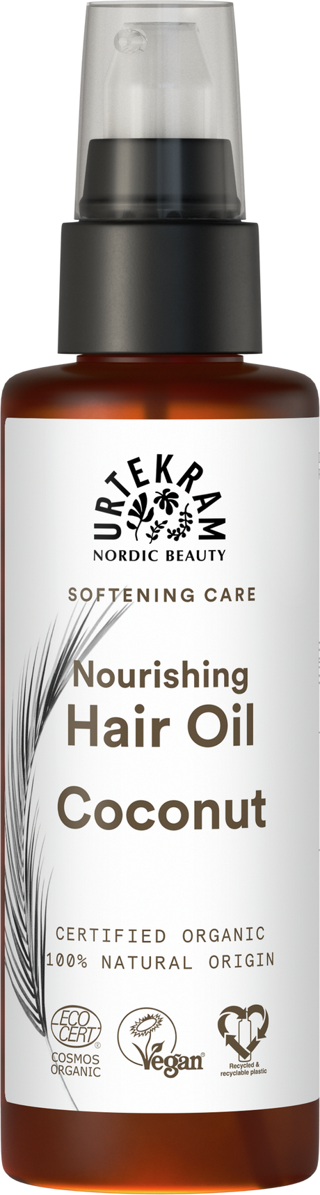 Amber pump bottle of Urtekram Coconut Hair Oil with a white label, feather illustration, and organic and vegan logos.