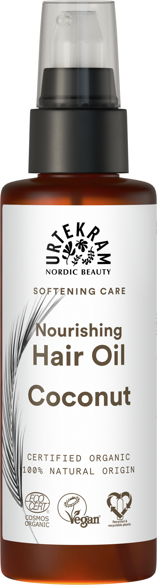 Amber pump bottle of Urtekram Coconut Hair Oil with a white label, feather illustration, and organic and vegan logos.