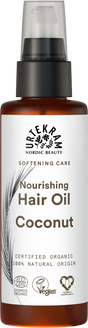 Amber pump bottle of Urtekram Coconut Hair Oil with a white label, feather illustration, and organic and vegan logos.