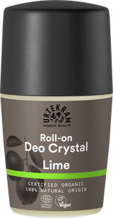 A roll-on deodorant with a brown and black label featuring lime illustrations, a green stripe, and organic and vegan certifications.