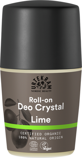 A roll-on deodorant with a brown and black label featuring lime illustrations, a green stripe, and organic and vegan certifications.